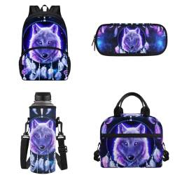 Binienty Kinder-Rucksack, Schultasche für Teenager, Mädchen, Jungen, Büchertaschen-Set, lässiger Tagesrucksack mit Lunchtasche, Federmäppchen, Wasserflaschentasche, Traumfänger Galaxie Wolf, von Binienty