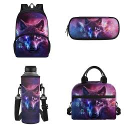 Binienty Kinder-Rucksack, Schultasche für Teenager, Mädchen, Jungen, Büchertaschen-Set, lässiger Tagesrucksack mit Lunchtasche, Federmäppchen, Wasserflaschentasche, Violett Galaxie Wolf, Einheitsgröße von Binienty