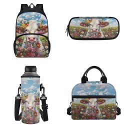 Binienty Kinder-Rucksack für Teenager, Mädchen, Jungen, Büchertaschen-Set, lässige Schultasche mit Lunchtasche, Federmäppchen, Wasserflaschentasche, Wildblumenkuh, Einheitsgröße von Binienty