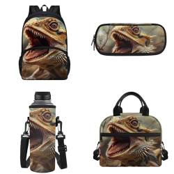 Binienty Kinder-Rucksack für Teenager, Mädchen, Jungen, Schultasche, 4-in-1-Set, Schultasche mit Lunchtasche, Federmäppchen, Wasserflaschentasche, Lizard, Einheitsgröße von Binienty