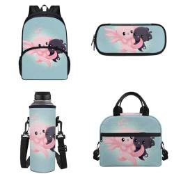 Binienty Kinder-Rucksack für Teenager, Mädchen, Jungen, Schultasche, 4-in-1-Set, Schultasche mit Lunchtasche, Federmäppchen, Wasserflaschentasche, Niedliches Cartoon-Axolotl, Einheitsgröße von Binienty