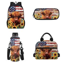 Binienty Kinder-Rucksack für Teenager, Mädchen, Jungen, Schultaschen-Set, lässige Schultasche mit Lunchtasche, Federmäppchen, Wasserflaschentasche, Amerikanische Flagge mit Sonnenblumen-Motiv, von Binienty