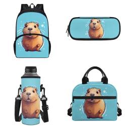 Binienty Kinder-Rucksack für Teenager, Mädchen, Jungen, Schultaschen-Set, lässige Schultasche mit Lunchtasche, Federmäppchen, Wasserflaschentasche, Cartoon-Capybara, Einheitsgröße von Binienty