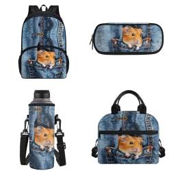 Binienty Kinder-Rucksack für Teenager, Mädchen, Jungen, Schultaschen-Set, lässige Schultasche mit Lunchtasche, Federmäppchen, Wasserflaschentasche, Pocket Hamster, Einheitsgröße von Binienty