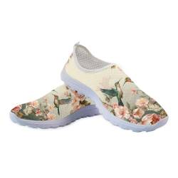 Binienty Kolibri-Slip-On-Sneaker für Damen, Blumendruck, Netzstoff, atmungsaktiv, Sommer-Turnschuhe, Wanderschuhe von Binienty