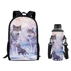 Binienty Personalisiertes Schulranzen-Rucksack-Set, Wasserflasche mit verstellbarem Schultergurt für Jungen und Mädchen, Wolf Familie, Tagesrucksäcke von Binienty