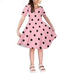 Binienty Tween Mädchen Kleider Casual Kurzarm Kleid für 4-14 Jahre, Rosa mit schwarzen Punkten, 7-8 Jahre von Binienty