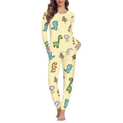 Binienty Weiches Damen-Schlafanzug-Set, langärmelig, Sweatshirt mit langer Hose, Nachtwäsche, Gelber Dinosaurier, 32 von Binienty