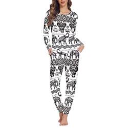 Binienty Weiches Damen-Schlafanzug-Set, langärmelig, Sweatshirt mit langer Hose, Nachtwäsche, Tribal Elefant, 36 von Binienty