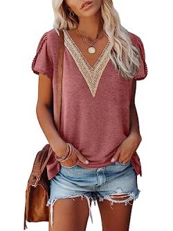 Binshre Damen Casual Blütenblatt Kurzarm Kontrast Spitze V Ausschnitt Sommer Tee Bluse Tops, B-pink, Klein von Binshre