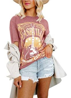 Binshre Nashville Damen-T-Shirts, Country-Musik-Konzert-T-Shirts, Used-Look, kurzärmelig, B-pink, Mittel von Binshre