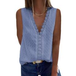 Bipily Damen Bluse V Ausschnitt Sommer Oberteile Spitzen Elegant Tunika Ärmellos Chiffon Hemd Weste Tops(Blau,M) von Bipily