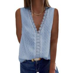 Bipily Damen Bluse V Ausschnitt Sommer Oberteile Spitzen Elegant Tunika Ärmellos Chiffon Hemd Weste Tops(Hellblau,L) von Bipily