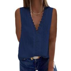 Bipily Damen Bluse V Ausschnitt Sommer Oberteile Spitzen Elegant Tunika Ärmellos Chiffon Hemd Weste Tops(Marineblau,M) von Bipily