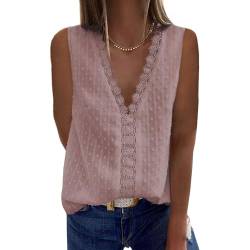 Bipily Damen Bluse V Ausschnitt Sommer Oberteile Spitzen Elegant Tunika Ärmellos Chiffon Hemd Weste Tops(Rosa,M) von Bipily