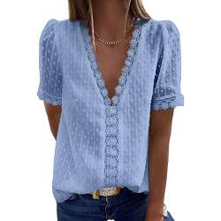 Bipily Damen Bluse V Ausschnitt Sommer Oberteile Spitzen Elegant Tunika Kurzärmel Chiffon Hemd Tops(Blau,L) von Bipily