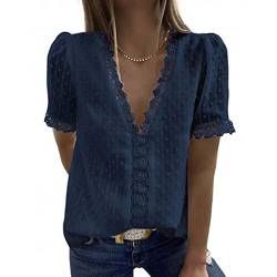 Bipily Damen Bluse V Ausschnitt Sommer Oberteile Spitzen Elegant Tunika Kurzärmel Chiffon Hemd Tops(Navy blau,L) von Bipily