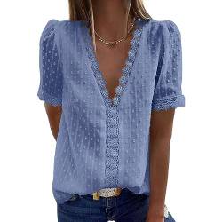 Bipily Damen Bluse V Ausschnitt Sommer Oberteile Spitzen Elegant Tunika Kurzärmel Chiffon Hemd Tops(Reines Blau,L) von Bipily