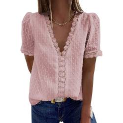 Bipily Damen Bluse V Ausschnitt Sommer Oberteile Spitzen Elegant Tunika Kurzärmel Chiffon Hemd Tops(Rosa,L) von Bipily