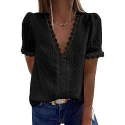 Bipily Damen Bluse V Ausschnitt Sommer Oberteile Spitzen Elegant Tunika Kurzärmel Chiffon Hemd Tops(Schwarz,M) von Bipily