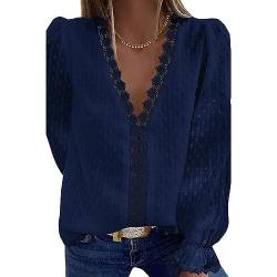 Bipily Damen Bluse V Ausschnitt Sommer Oberteile Spitzen Elegant Tunika Lange Ärmel Chiffon Hemd Tops(Navy blau,XL) von Bipily