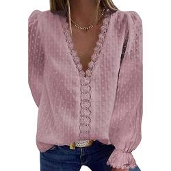 Bipily Damen Bluse V Ausschnitt Sommer Oberteile Spitzen Elegant Tunika Lange Ärmel Chiffon Hemd Tops(Rosa,S) von Bipily