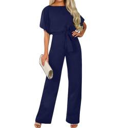 Bipily Damen Kurzarm Lang Jumpsuit Elegant Overall Jumpsuits O-Ausschnitt Playsuit Romper Hosenanzug mit Gürtel von Bipily