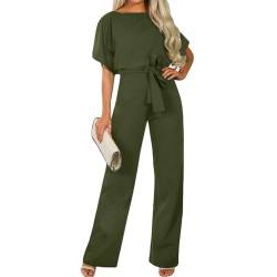 Bipily Damen Kurzarm Lang Jumpsuit Elegant Overall Jumpsuits O-Ausschnitt Playsuit Romper Hosenanzug mit Gürtel von Bipily