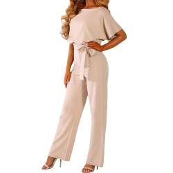 Bipily Damen Kurzarm Lang Jumpsuit Elegant Overall Jumpsuits O-Ausschnitt Playsuit Romper Hosenanzug mit Gürtel von Bipily