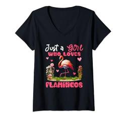 Damen A Girl Loves Flamingos Costume Zoo Animal Lover Colorful T-Shirt mit V-Ausschnitt von Bird Vacations Costume