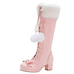Birdsight Damen Cosplay Schuhe Kniehohe Stiefel mit Blockabsatz und Plateau Knee High Boots zum Schnüren Rockabilly Shoes (Pink, 39) von Birdsight