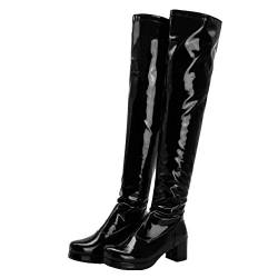 Birdsight Damen Lackstiefel Overknee Stiefel mit Blockabsatz und Plateau Thigh High Boots Reißverschluss Langschaftstiefel Winter Schuhe (Schwarz, 40) von Birdsight