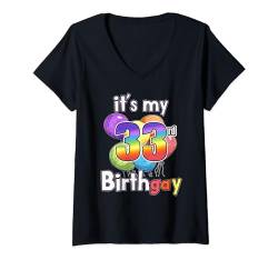 Damen Es ist mein 33. Birthgay Pride Month Birth Gay Rights Love Pride T-Shirt mit V-Ausschnitt von Birthgay LGBTQ Proud LGBT Rainbow Gay Pride Flag