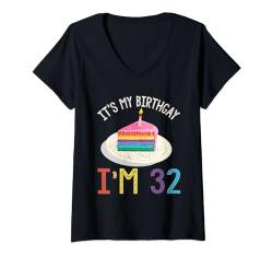 Damen It's My Birthgay I'm 32 Birth Gay Rights Rainbow Pride Month T-Shirt mit V-Ausschnitt von Birthgay LGBTQ Proud LGBT Rainbow Gay Pride Flag