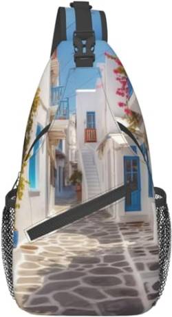 Griechenland Street Print Sling Rucksack Reise Sling Bag Casual Brusttasche Wandern Tagesrucksack Crossbody Tasche für Männer Frauen, Siehe Abbildung, One Size von Bisch