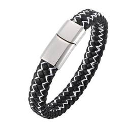 Bishilin Armbänder Herren Leder, Armband Männer Personalisiert 12MM Geflochten mit Weiß Streifen Lederarmband Magnetverschluss Schwarz 16.5CM von Bishilin