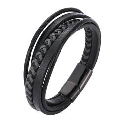 Bishilin Armbänder für Herren Leder mit Magnetverschluss, Lederarmband Personalisiert 12MM Multilayer Geflochten Charms Armband Männer Schwarz 18.5CM von Bishilin