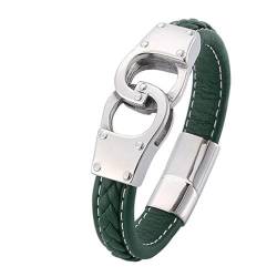 Bishilin Armbänder für Herren Leder mit Magnetverschluss, Lederarmband Personalisiert 12MM mit Handschellen Charms Armband Männer Grün 20.5CM von Bishilin