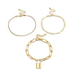 Bishilin Fußkettchen für Damen Mädchen, Fußkette Urlaub 3er Set Figarokette Zirkonia mit Anhänger Schloss Fußkettchen Charm Fußkette 27CM Lang von Bishilin