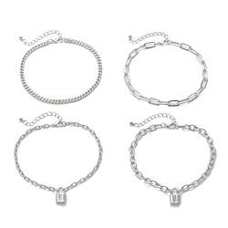 Bishilin Fußkette Damen Silber Vergoldet, Fußkettchen Charm 28CM Knoten und Panzerkette mit Anhänger Schloss Fußkette 4er Set Fußkettchen Strand von Bishilin