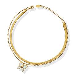 Bishilin Fußkette Edelstahl Damen, Fußkettchen Wasserfest Charm 25CM Schmetterling mit Zirkonia Mehrreihig Fußkette Personalisiert Gold Fußkettchen Strand von Bishilin