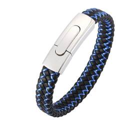 Bishilin Herren Armbänder Leder, Personalisiertes Armband Männer 12MM Geflochten mit Blau Streifen Druckknopfverschluss Leder Armbänder Schwarz Blau 18.5CM von Bishilin