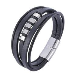 Bishilin Herren Armbänder Leder 12MM, Personalisiertes Armband Männer Multilayer mit Geometrie Magnetverschluss Leder Armbänder Schwarz 18.5CM von Bishilin