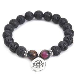 Bishilin Herren Armbänder Perlen, Perlenarmband Chakra 10MM Schwarz Lavagestein mit Anhänger Lotus Charms Armbänder Personalisiert 17-21.5CM von Bishilin