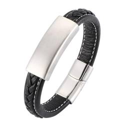 Bishilin Herren Armband Edelstahl, Lederarmbänder 18.5CM Schwarz mit Schild 12MM Magnetverschluss Charm Armband Männer Personalisiert von Bishilin