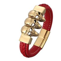 Bishilin Lederarmbänder Herren, Charms Armband 18.5CM Rot Totenköpfe Schädel 12MM mit Magnetverschluss Leder Armband Personalisiert von Bishilin