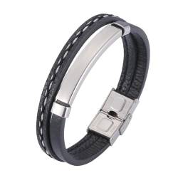 Bishilin Lederarmband Herren 16.5CM, Charms Armbänder Leder 12MM 2 Schichten mit Schild Sicherheitsverschluss Personalisiertes Armband Männer Schwarz von Bishilin