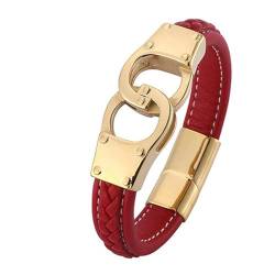 Bishilin Lederarmband mit Magnetverschluss, Männer Armbänder Leder Rot 12MM Handschellen Charms Armband Personalisiert 16.5CM von Bishilin