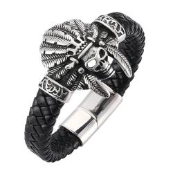 Bishilin Lederarmband mit Magnetverschluss, Männer Armbänder Leder Schwarz 12MM Indianer Totenkopf Charms Armband Personalisiert 18.5CM von Bishilin