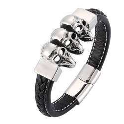 Bishilin Lederarmband mit Magnetverschluss, Männer Armbänder Leder Schwarz 12MM Totenköpfe Charms Armband Personalisiert 18.5CM von Bishilin